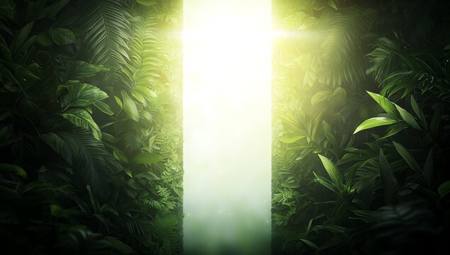 Mysterious glowing doorway in lush green forest surrounded by dense foliage, evoking a sense of wonder and exploration in a natural setting.