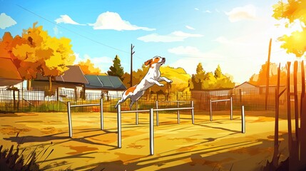 Fototapeta premium A dog leaps over hurdles in a sunlit outdoor training area surrounded by trees and houses.