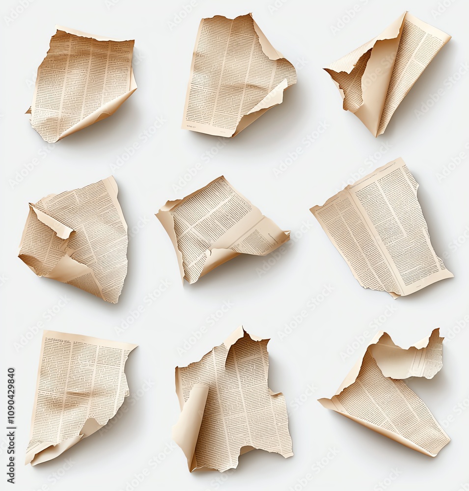 Poster nine crumpled paper sheets arranged aesthetically on a light background. ideal for design projects, 