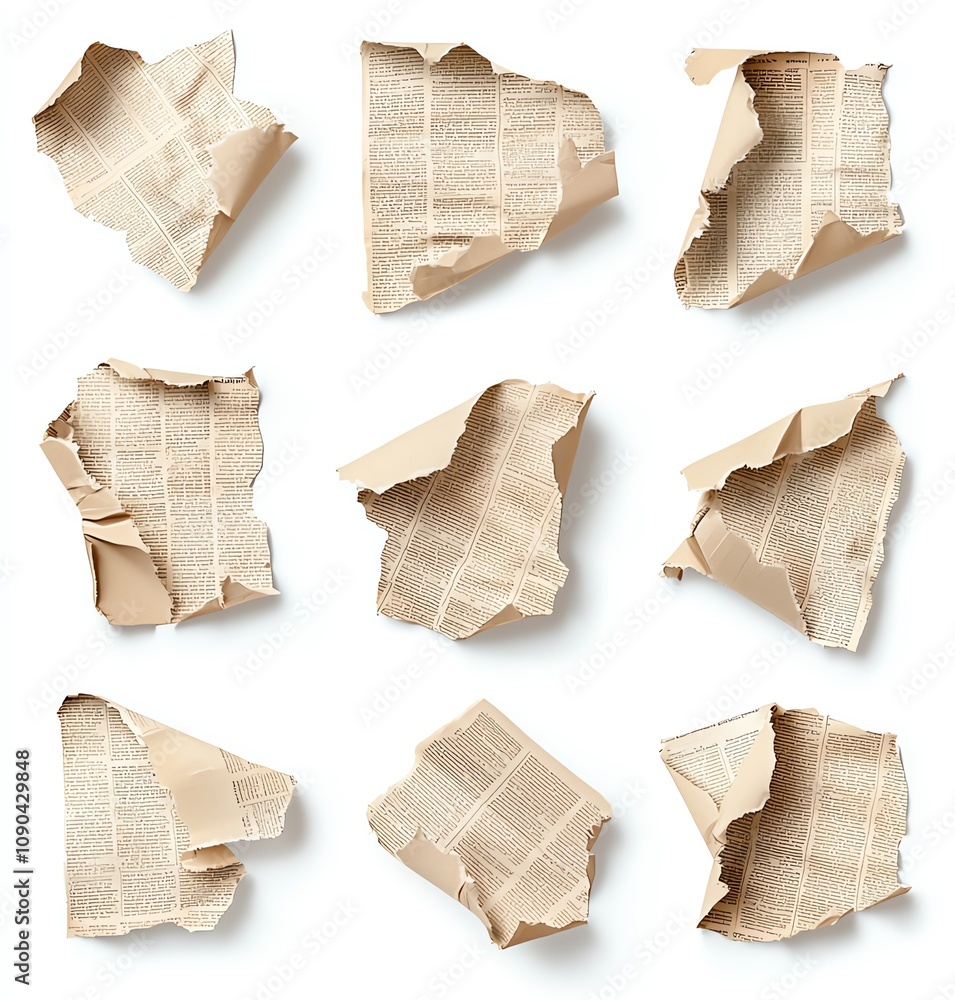 Aufkleber nine crumpled paper pieces arranged neatly. each fragment showcases varying degrees of texture and s