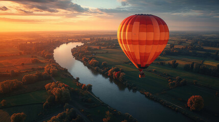 Obraz premium Hot Air Balloon Flight Over River at Sunset