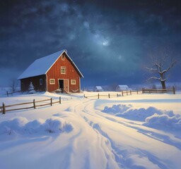 Illustration of barn with winter landscape and mountain behind.