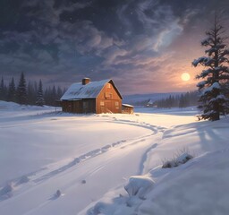 Illustration of barn with winter landscape and mountain behind.