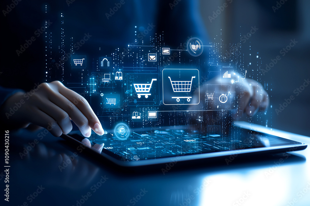 Poster person interacts with futuristic tablet displaying digital shopping carts, representing e-commerce a