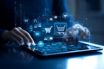 Fototapeta premium Person interacts with futuristic tablet displaying digital shopping carts, representing e-commerce and online transactions. Innovative digital interface in tech-driven environment.
