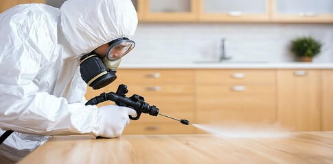 Professional pest control worker in protective gear using a sprayer to disinfect a kitchen surface for safety and hygiene. Focus on cleanliness and prevention.