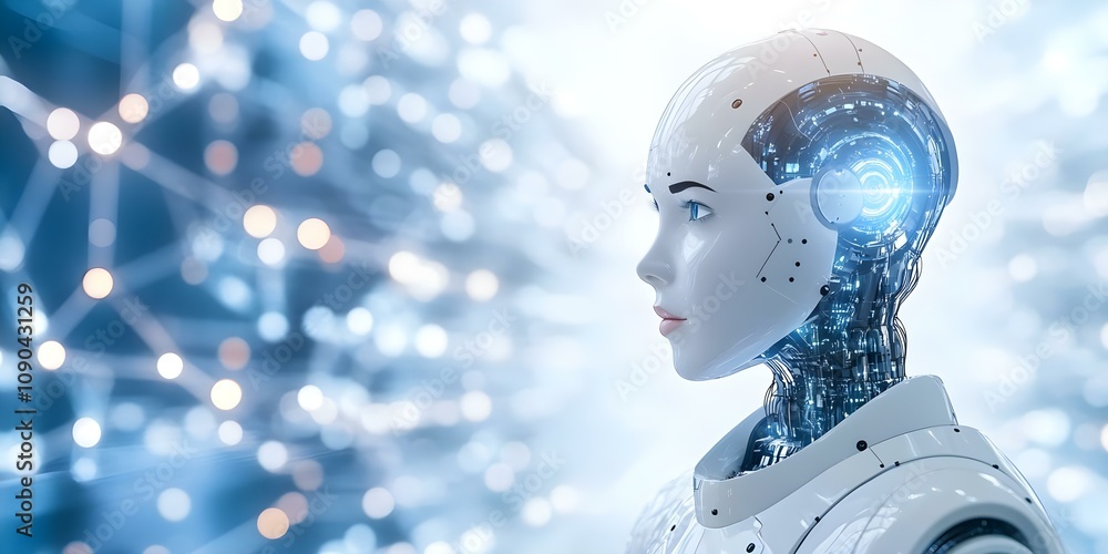Poster a futuristic humanoid robot with a sleek design and illuminated circuit patterns, set against a blur