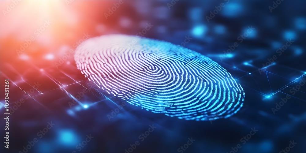 Poster a digital fingerprint displayed against a blue background with a glowing effect, symbolizing securit
