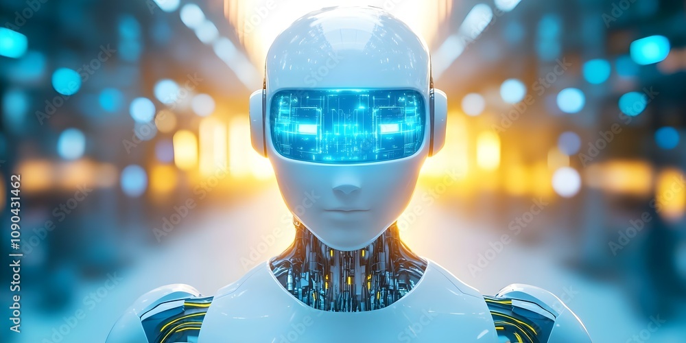 Poster a futuristic humanoid robot with a glowing, digital face display and intricate circuitry, set in a v
