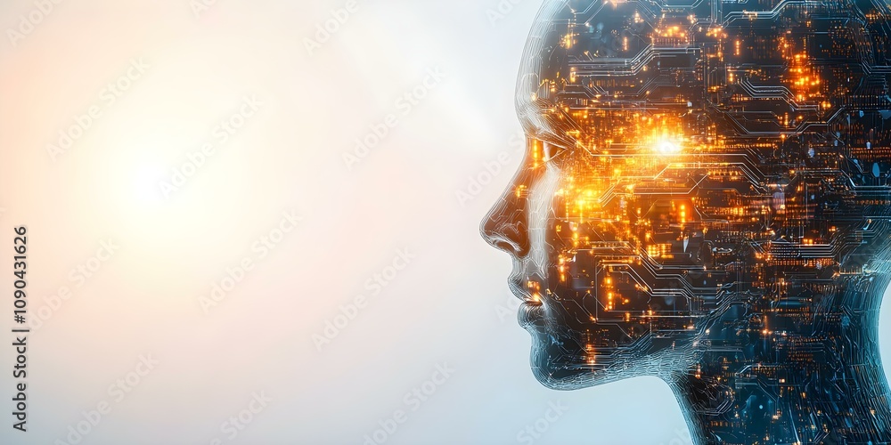 Poster a futuristic representation of a human head composed of circuit patterns and glowing lights, symboli