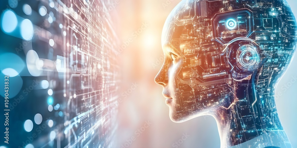 Poster a futuristic humanoid robot head with digital circuitry and glowing elements, set against a backdrop