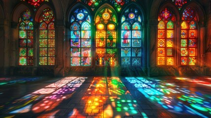Obraz premium Vibrant stained glass windows casting colorful light indoors.
