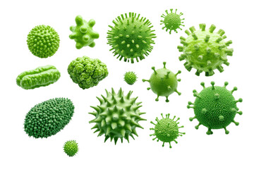 A collection of various green microbes and bacteria displayed on a white background. transparent background