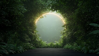 Fototapeta premium Serene jungle scene with lush greenery and a circular light opening