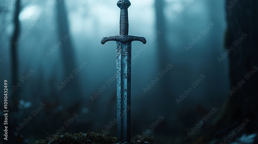 Poster mysterious sword standing alone in a foggy forest at dawn