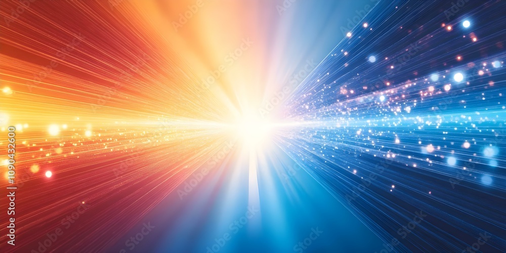 Poster a dynamic burst of light and color, featuring bright rays of orange and blue with sparkling particle