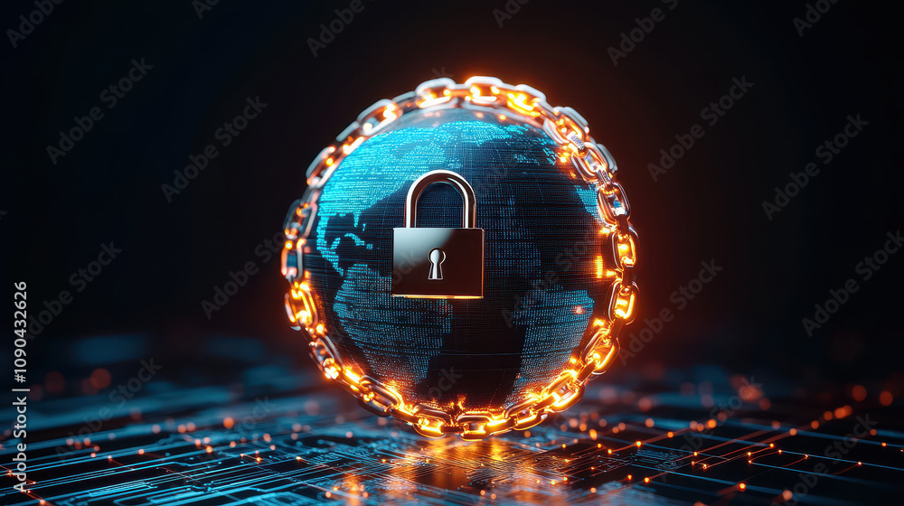 Poster a digital globe secured by a padlock and chain, symbolizing cybersecurity and data protection in a c