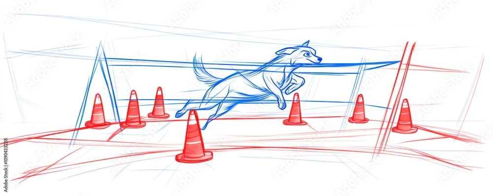 Poster a dynamic sketch of a dog leaping through a course marked by traffic cones.