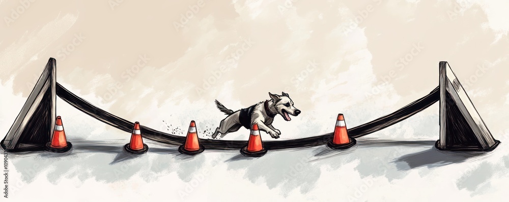 Poster A playful dog navigating a series of traffic cones in a fun, dynamic scene.