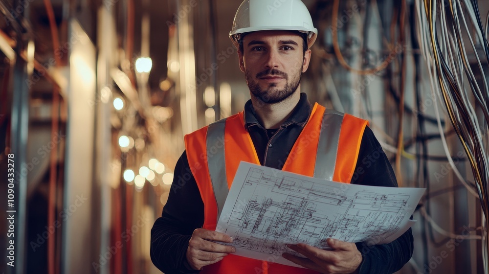 Poster a site electrician in a high-visibility vest and hard hat, holding wiring diagrams and looking direc