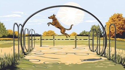 Fototapeta premium A dog leaps over an obstacle in a sunny park setting, showcasing agility and playfulness.