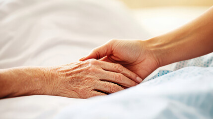 A woman's hand offering comfort to her senior parent in a hospital bed, representing the strength of familial bonds in times of illness.