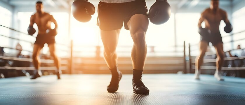 A group of boxers training in a gym, with a focus on one fighter in the foreground wearing boxing gloves. Concept Boxing Gym Training, Focused Fighter, Intense Workout, Team Dynamics, Athletic Gear