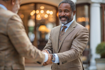 Fototapeta premium Two men shaking hands in a business setting