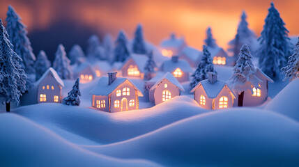 Fototapeta premium Papercut winter village scene with cozy homes nestled under snow covered roofs twinkling lights