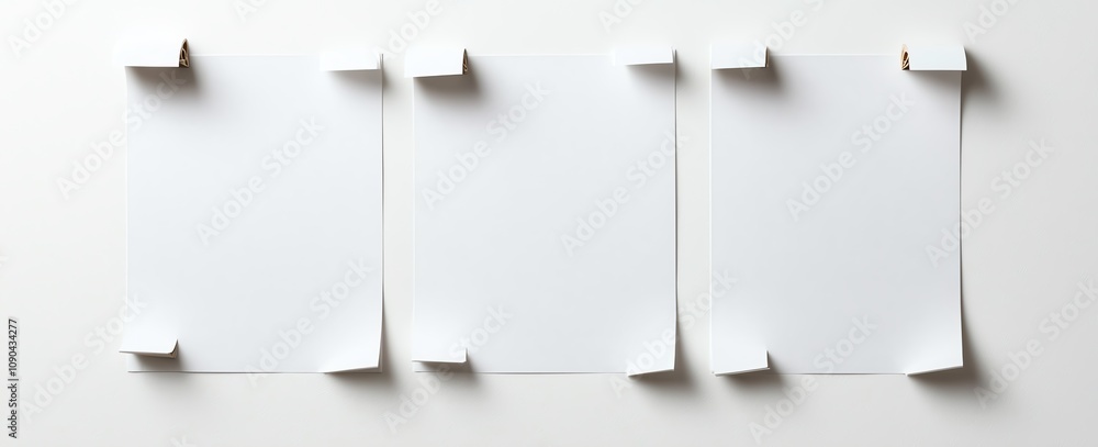 Poster three blank sheets of paper are neatly glued with curling corners against a white background, offeri
