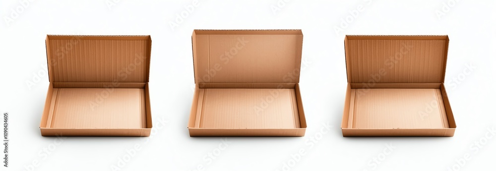 Poster three open cardboard boxes in a row against a white background, showcasing simple packaging design a