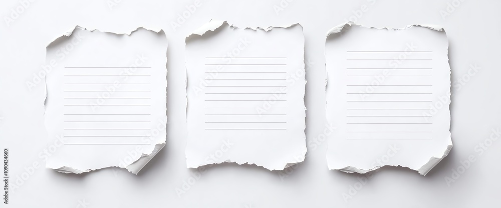 Aufkleber three torn paper sheets on a white background, displaying a textured surface ideal for design presen