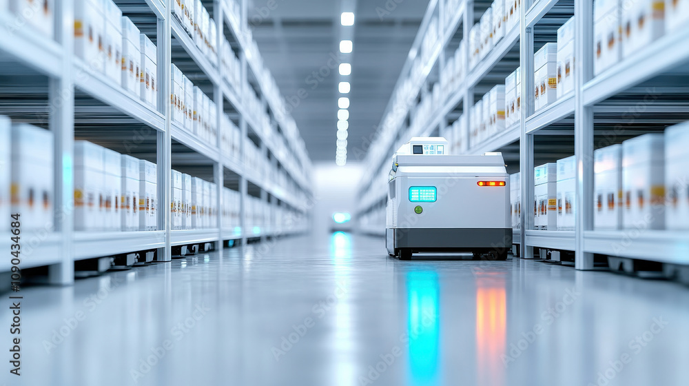 Aufkleber a modern warehouse interior featuring automated robots navigating spacious aisles filled with neatly