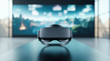A modern virtual reality headset displayed against a vibrant digital background, showcasing immersive technology and innovation.