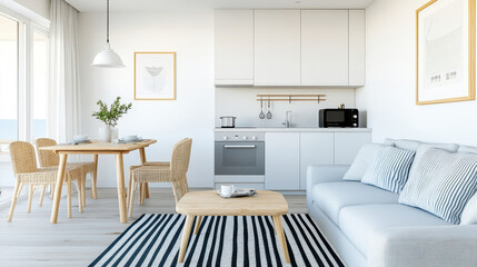 Fototapeta premium A modern, minimalist living space featuring a cozy sofa, dining table, and bright kitchen for a refreshing home ambiance.