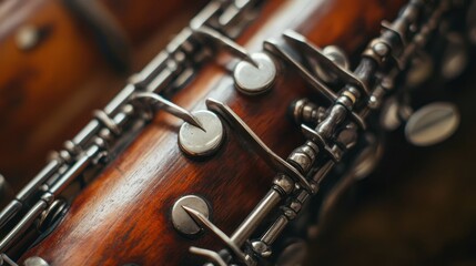 Obraz premium Close-up of a woodwind instrument showcasing its intricate mechanics and craftsmanship.