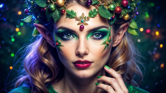Enchanting elf female model with festive makeup, playful mood, wearing a flower crown, colorful bokeh background