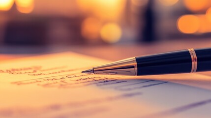 Close-up of a gold-trimmed pen resting on a handwritten document with a soft focus background.