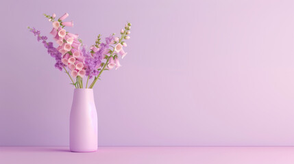 Naklejka premium Pink Flowers in a Vase Against a Lavender Wall