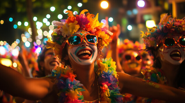 Goa Carnival, colorful costume parade on the streets of Goa, spectators cheering with joy, flowers and small lights adorn the background, Ai generated images