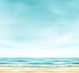 Fototapeta premium Tranquil beach scene with gentle waves and a clear blue sky, perfect for conveying relaxation and serenity. Ideal for travel or relaxation themes.