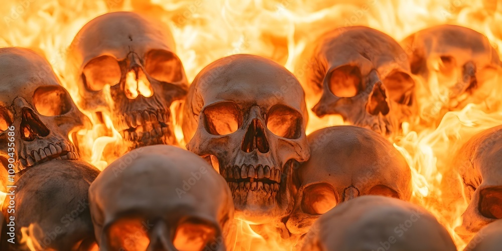 Aufkleber a cluster of skulls surrounded by flames, creating a dramatic and intense visual effect with a fiery