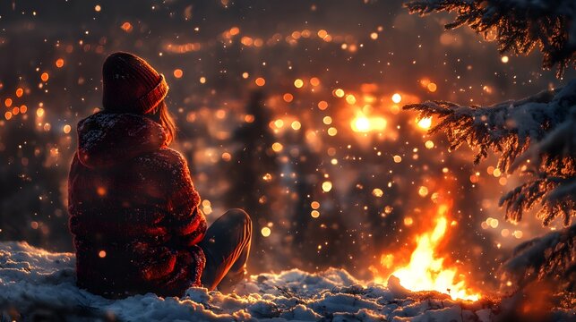 A woman enjoys a snowy evening by the fire, immersed in the warm glow of the city lights.