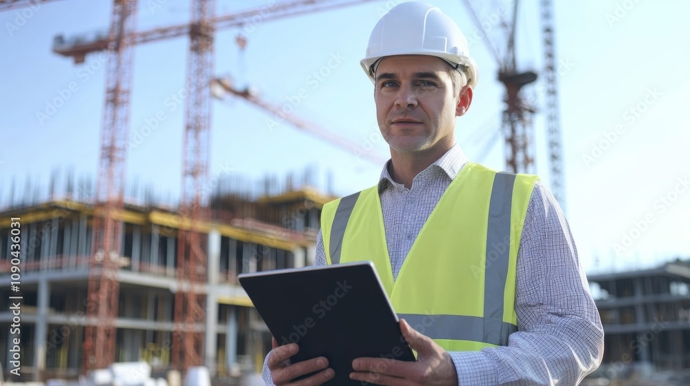 Poster a site supervisor in a white hard hat and reflective vest, holding a tablet and looking into the cam