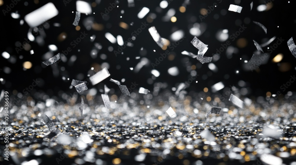 Poster a dynamic scene of falling confetti creating a festive atmosphere.