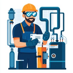 Maintenance technician. A smiling worker in safety gear holds a document in front of industrial machinery, showcasing a professional environment focused on maintenance and safety.