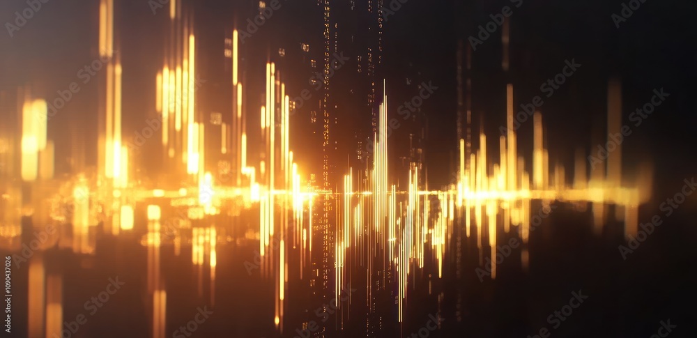 Poster Abstract visualization of sound waves in golden hues, representing audio data or music.