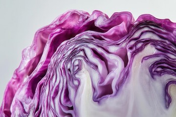 Obraz premium Isolated image of a halved purple cabbage, sharp contrast against a white background, highlighting the texture and vibrant color of this vegetable