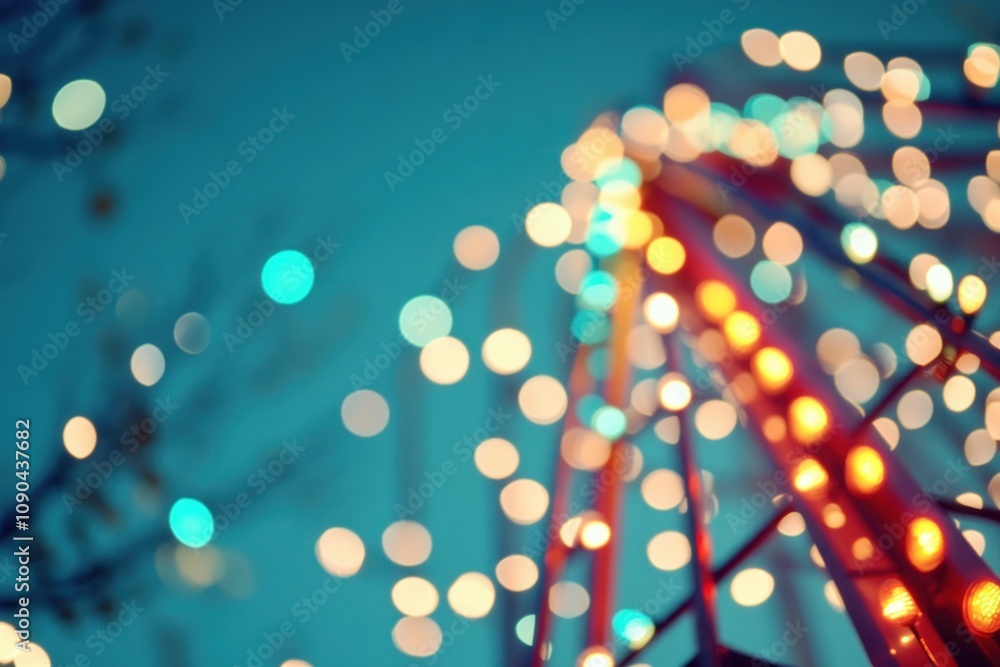 Poster a blurred image of a ferris wheel adorned with colorful lights against a twilight sky.
