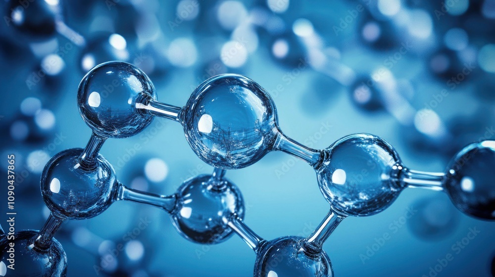 Poster close-up view of molecular structures in a blue-toned background.
